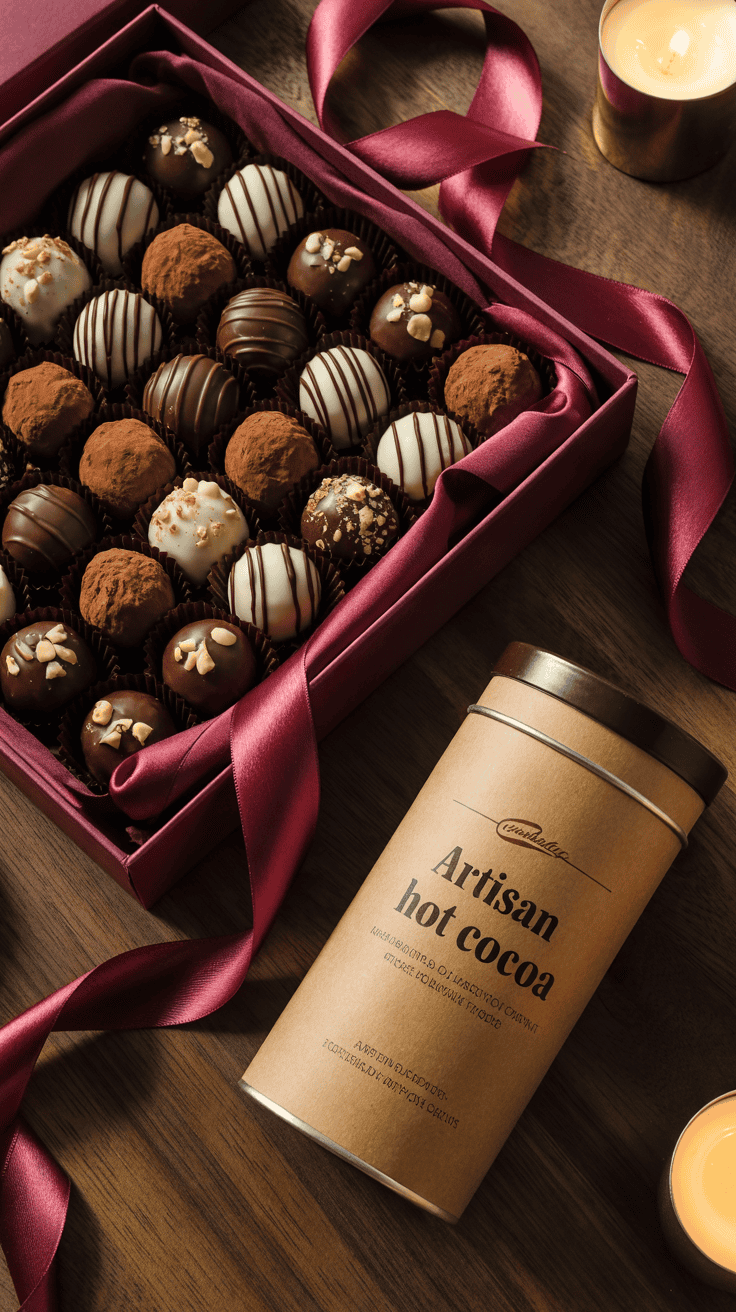 Gourmet chocolate gift box with artisan truffles and hot cocoa mix
