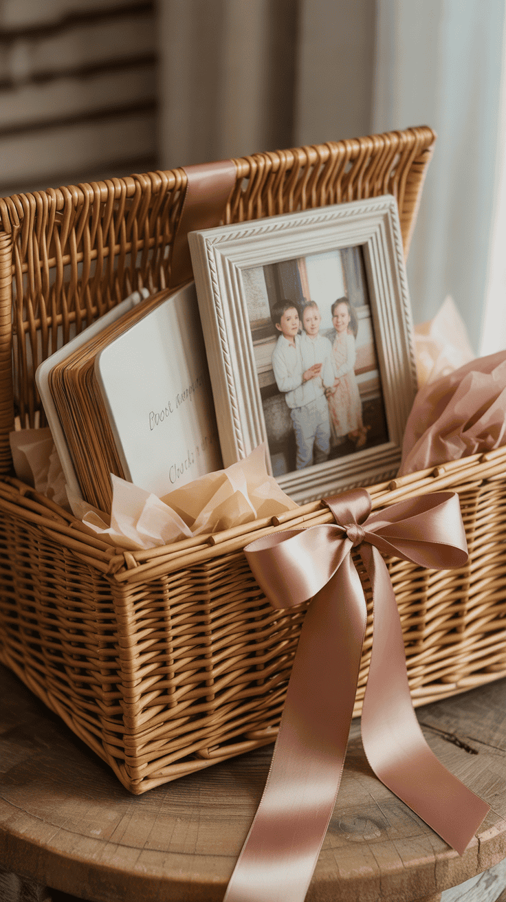 Memory keepsake hamper with framed photograph, photo album, and ribbon