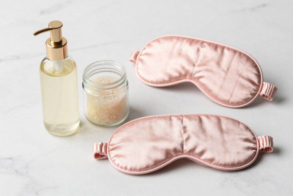 Relaxing bath soak, hand cream, and satin sleep mask on marble