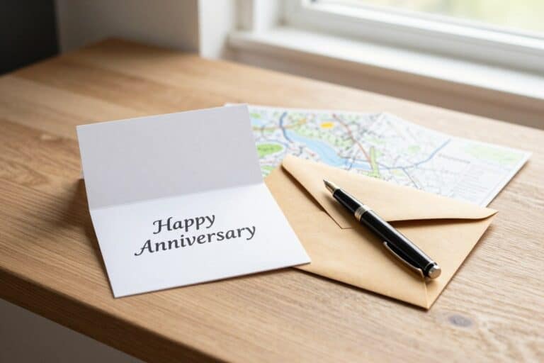 Thoughtful first anniversary gift ideas for him on a wooden table with envelopes and ribbon