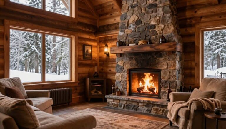 Winter cabin interiors with warm lighting and rustic decor