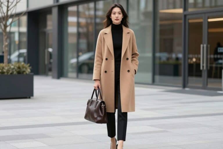 Woman wearing a camel coat with black trousers showcasing chic winter work outfits for women