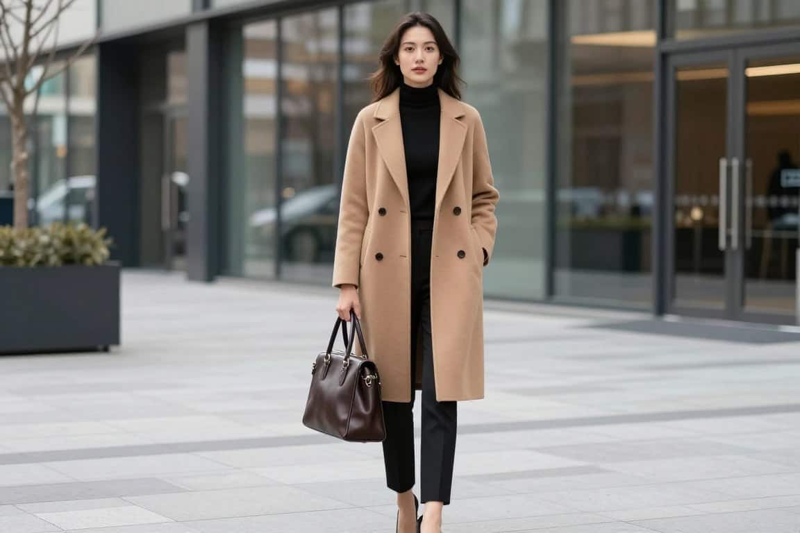 Woman wearing a camel coat with black trousers showcasing chic winter work outfits for women