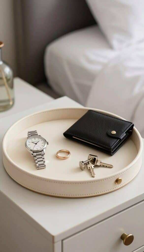 ivory leather-style valet tray with everyday accessories