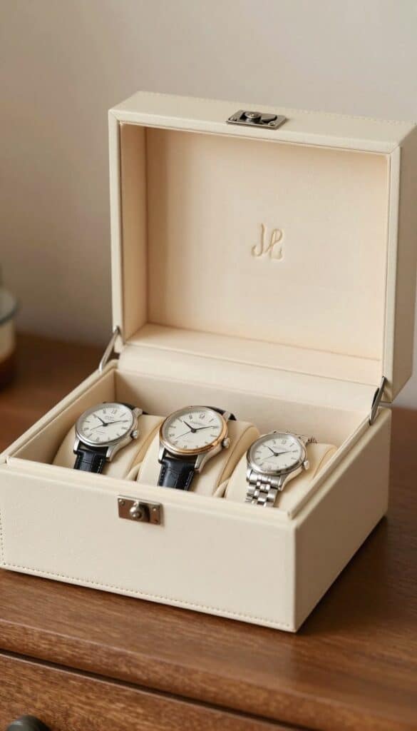 ivory leather-style watch box for an anniversary gift