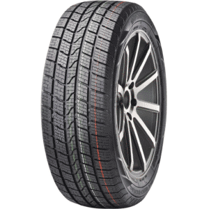 All-weather tire with detailed tread pattern and alloy wheel.