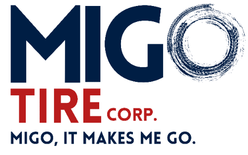Migo Tire Corp. logo with bold text and circular design element.
