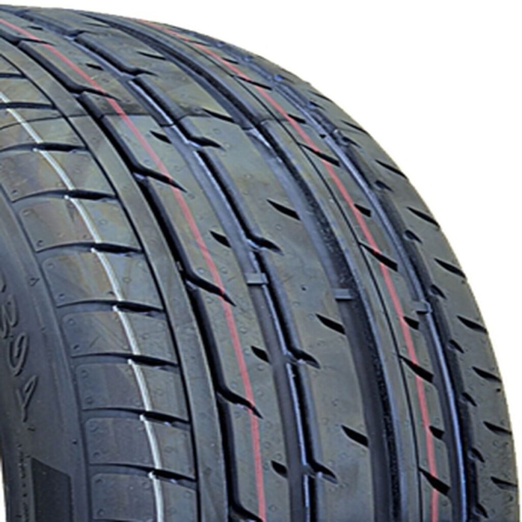 Close-up of a high-performance all season tire with detailed tread pattern.