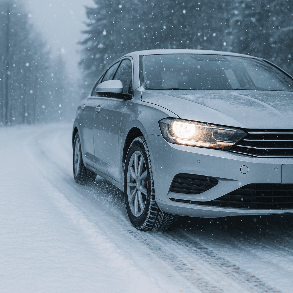 Silver car driving on snowy road with winter tires in Toronto.