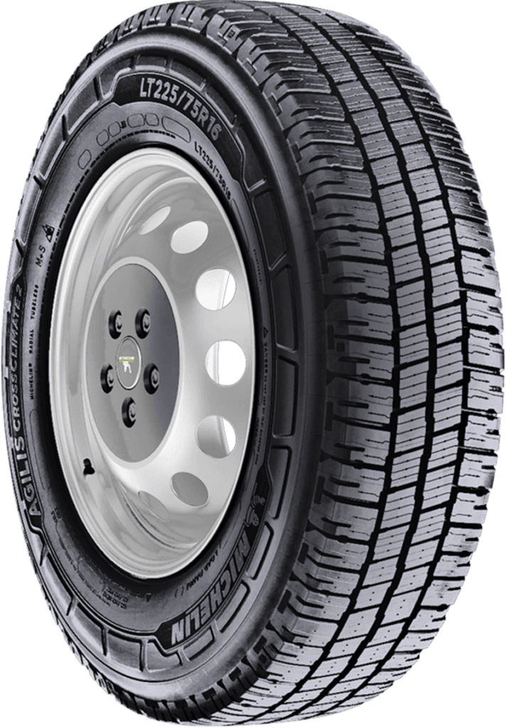 All-weather tire with steel wheel for trucks and SUVs, detailed tread pattern visible.