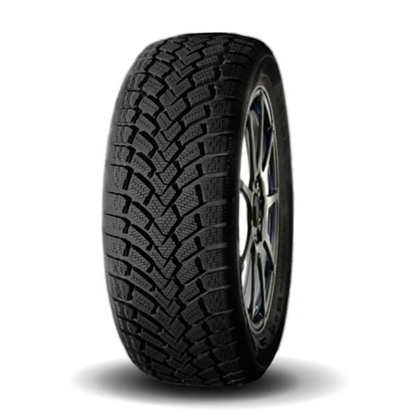 Winter tire with aggressive tread pattern for snow and ice.