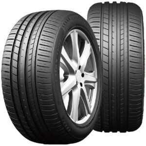 Two car tires with alloy wheels, new and clean, on a white background.