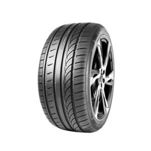 High-performance tire with sleek black alloy wheel design for passenger vehicles.