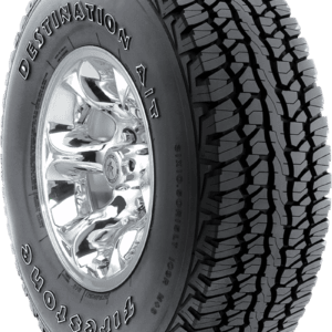 Firestone Destination AT tire with rugged tread pattern and chrome wheel.