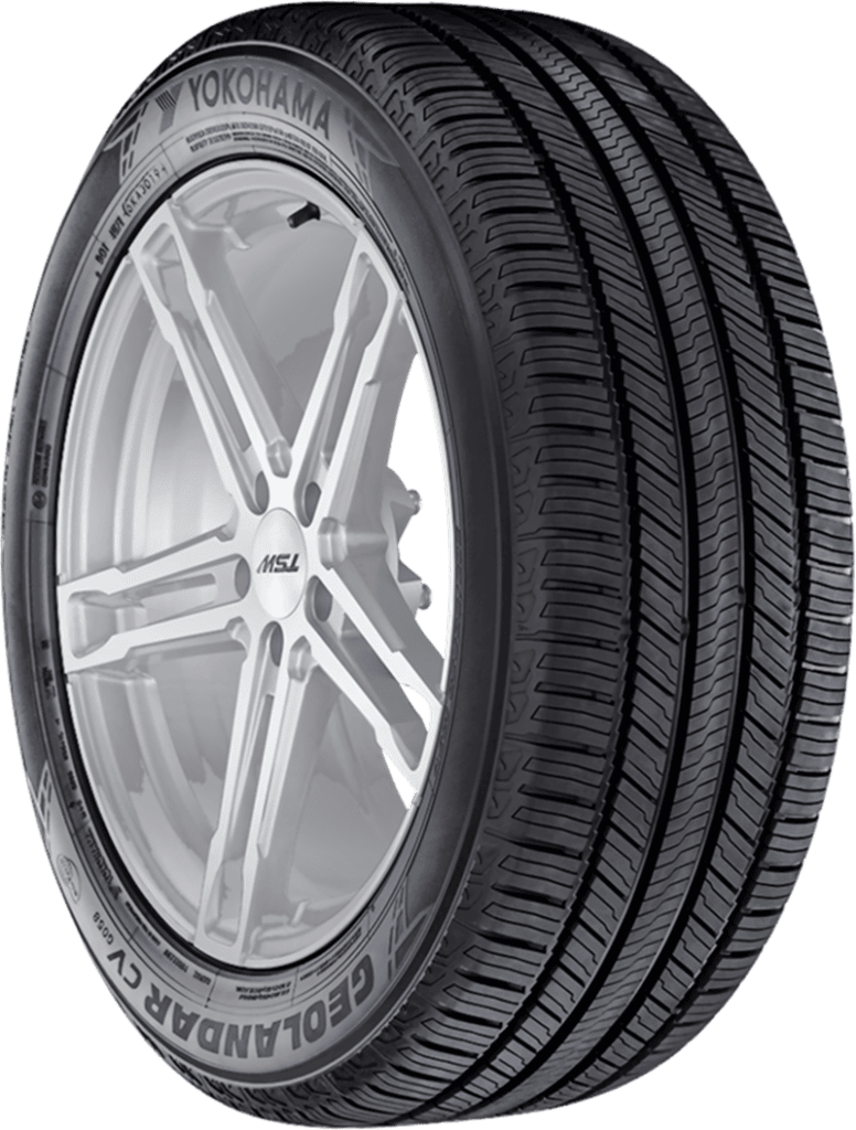 Yokohama Geolandar CV G058 tire on alloy wheel for all-season driving.