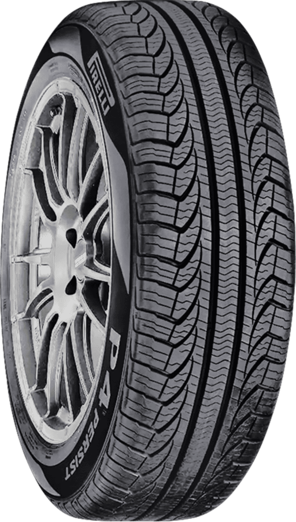 Close-up of Pirelli P4 Persist P195/65R15 91 H all-season tire with detailed tread pattern.