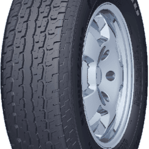 Durable trailer tire with silver rim for heavy-duty use.