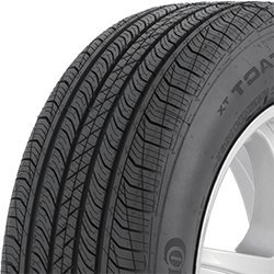 Close-up of a Continental tire with detailed tread pattern for all-season performance.