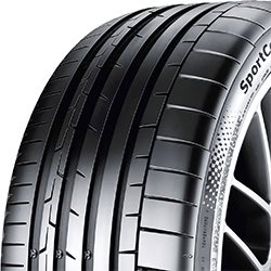 Close-up of a high-performance tire with detailed tread pattern.