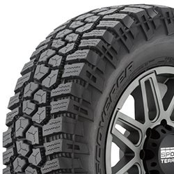 All-season tire with rugged tread pattern for off-road and on-road use.