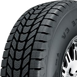 Close-up of Firestone Winterforce CV tire with detailed tread pattern.