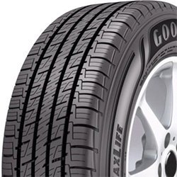 Close-up of a Goodyear tire with detailed tread pattern.