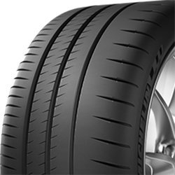 Close-up of a high-performance car tire with detailed tread pattern.