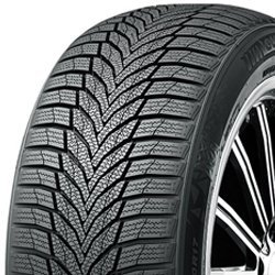 Close-up of a winter tire with detailed tread pattern for snow and ice traction.