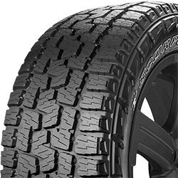 All-terrain tire with rugged tread pattern for off-road and on-road use.