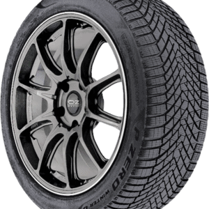 Pirelli P Zero WinterD tire with alloy wheel on black background.
