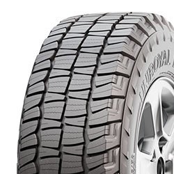 All-terrain tire with deep treads for off-road and on-road use.