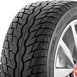 Close-up of Uniroyal Tiger Paw Ice & Snow tire with detailed tread pattern.