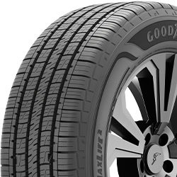 Close-up of a Goodyear tire on a vehicle with detailed tread pattern.