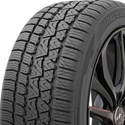 All-weather tire with rugged tread pattern for versatile driving conditions.