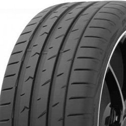 High-performance car tire with detailed tread pattern for optimal grip.