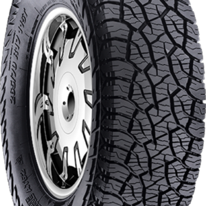 All-terrain tire with rugged tread pattern for off-road and on-road use.