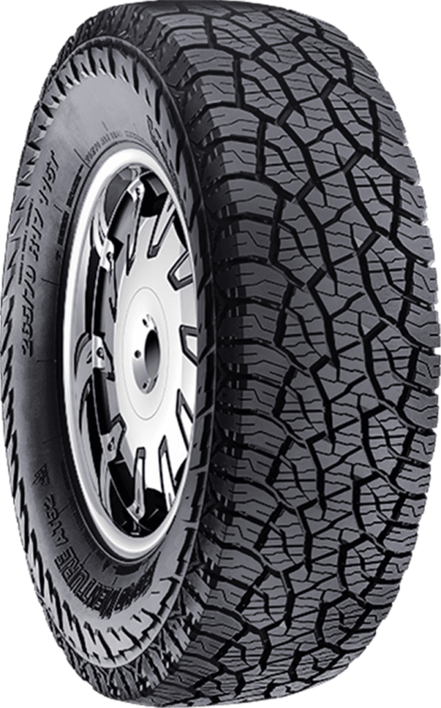 All-terrain tire with rugged tread pattern for off-road and on-road use.