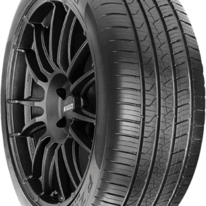 High-performance Pirelli tire with black alloy wheel for vehicles.