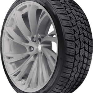 All-terrain tire with stylish alloy wheel for trucks and SUVs.