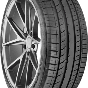 All-season tire with stylish alloy wheel for vehicle performance and safety.