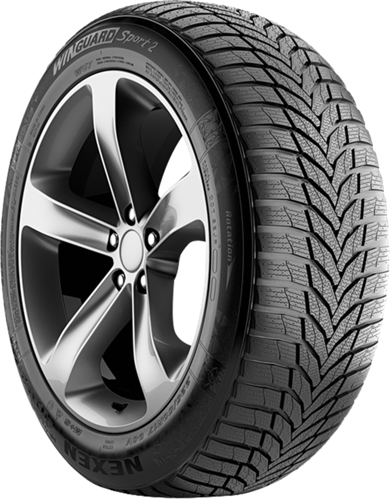 Nexen Winguard Sport 2 winter tire with alloy wheel, close-up view.