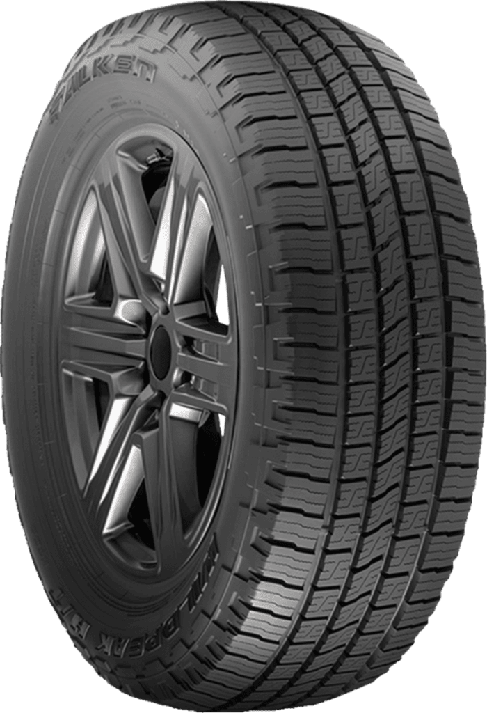 All-season tire with a sleek black alloy wheel for trucks and SUVs.
