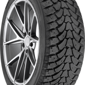 All-terrain tire with rugged tread pattern for off-road driving.