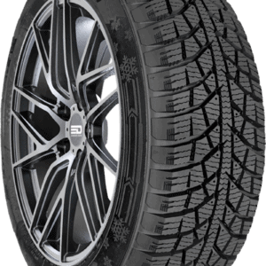 All-season tire with detailed tread pattern and alloy wheel for SUV or truck.