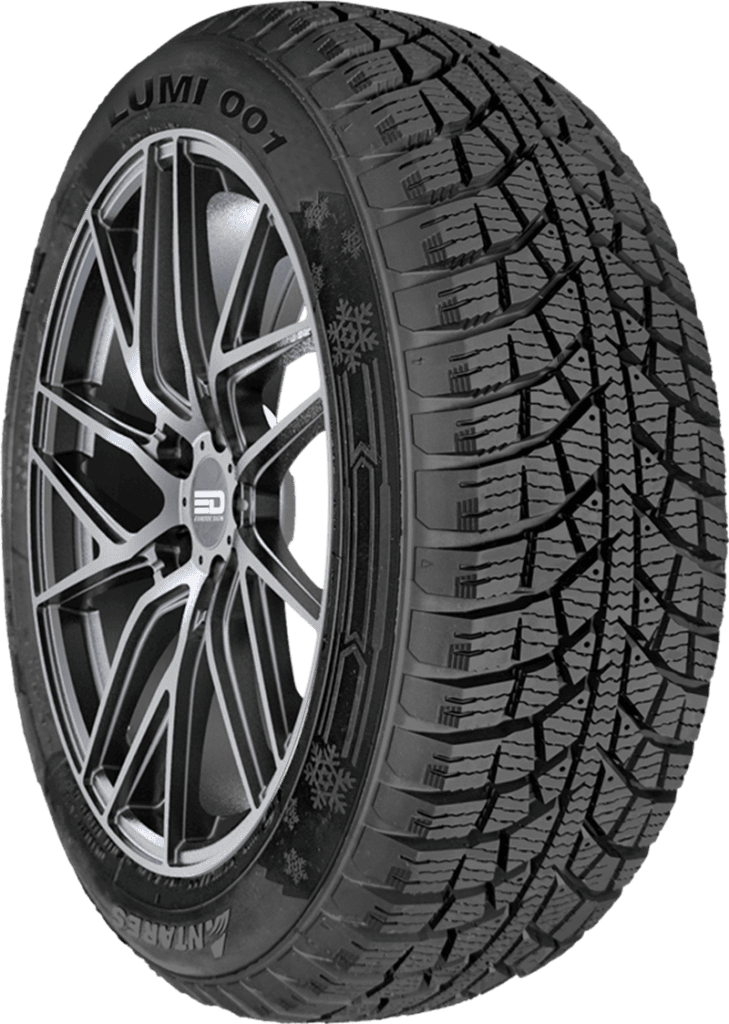 All-season tire with detailed tread pattern and alloy wheel for SUV or truck.