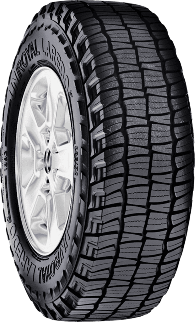 All-season tire with rugged tread pattern for off-road and on-road use.