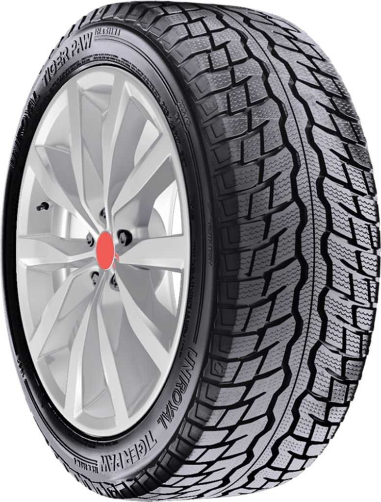 Uniroyal Tiger Paw Ice & Snow tire with rugged tread for winter driving.