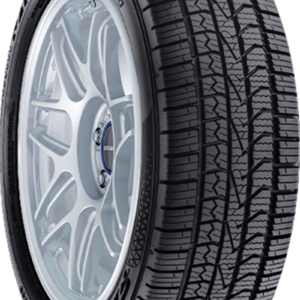 All-weather tire mounted on a silver alloy wheel for versatile driving conditions.