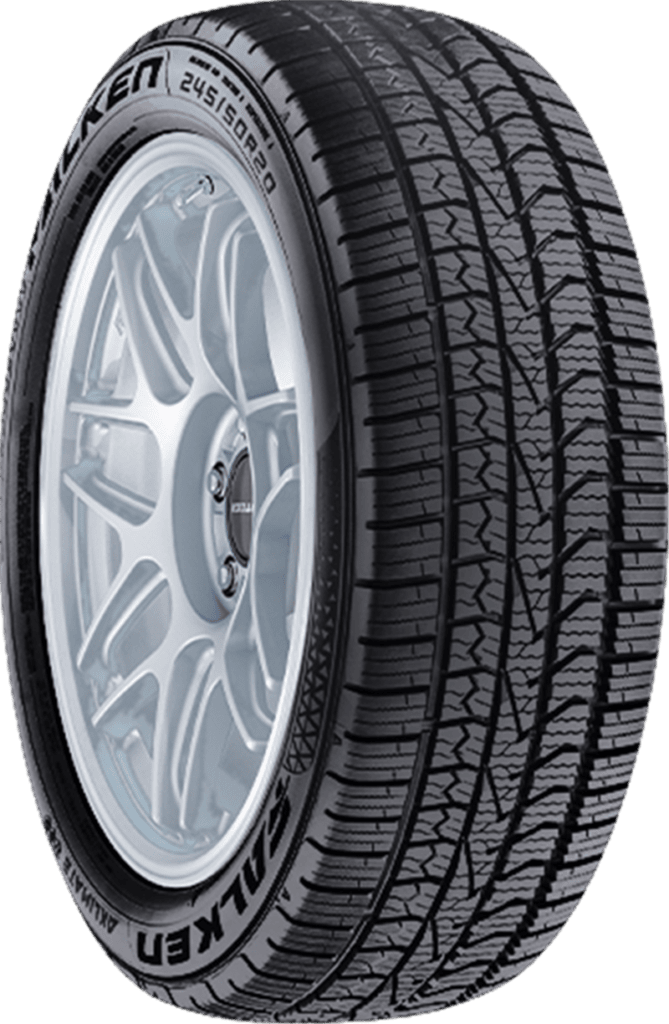 All-weather tire mounted on a silver alloy wheel for versatile driving conditions.