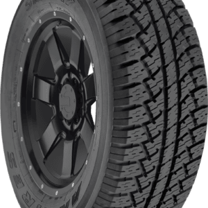 All-season tire with black alloy wheel for trucks and SUVs.